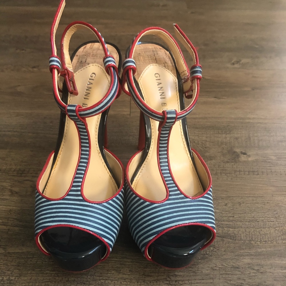 Red and white strap heel